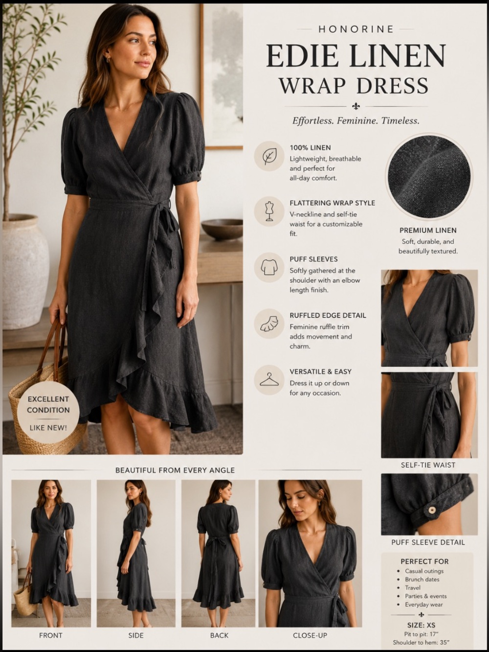 Honorine Edie Linen lWrap Dress Womens XS Black